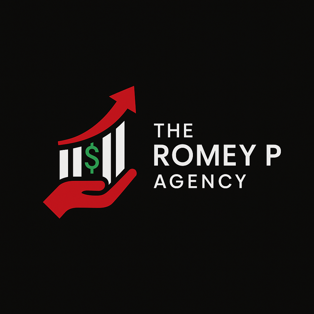 Logo for The Romey P Agency with a red hand holding a bar graph with an upward arrow and a green dollar sign.