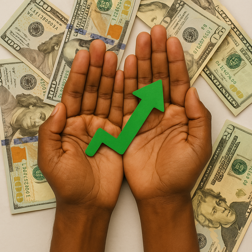 Two hands holding a green upward arrow symbol against a background of scattered U.S. hundred-dollar bills.