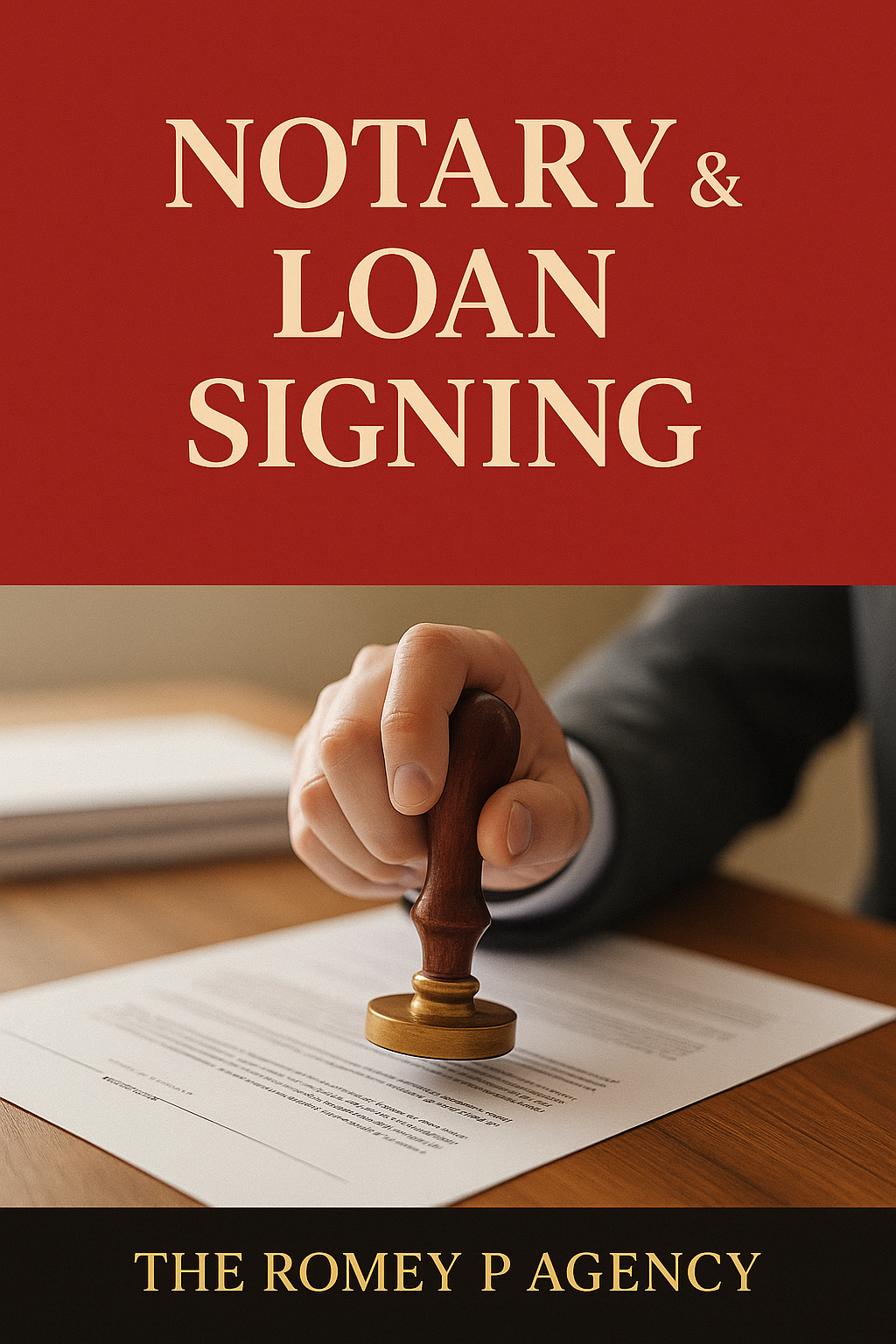 A person in a gray suit stamping a document on a wooden desk with a notary and loan signing sign in the background.