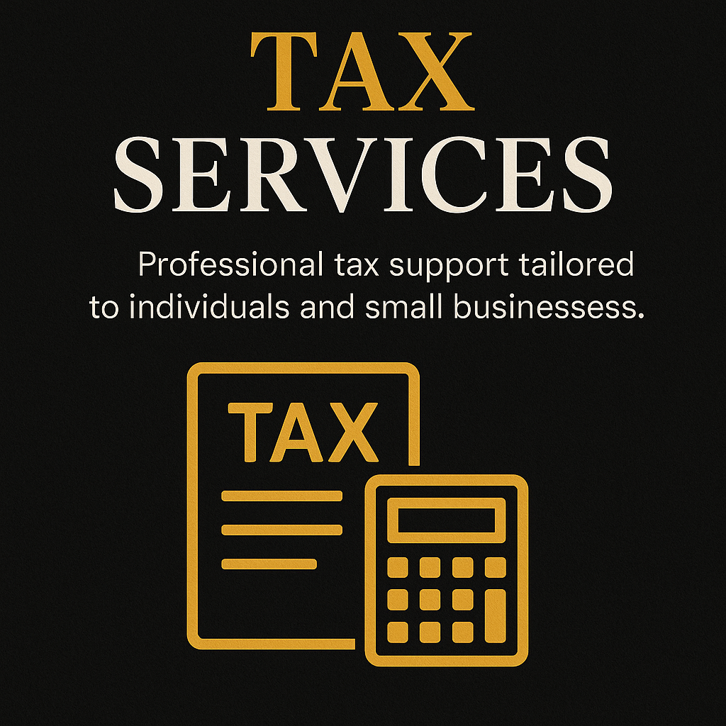 Black background with yellow and white text advertising tax services, featuring icons of a tax document and a calculator.