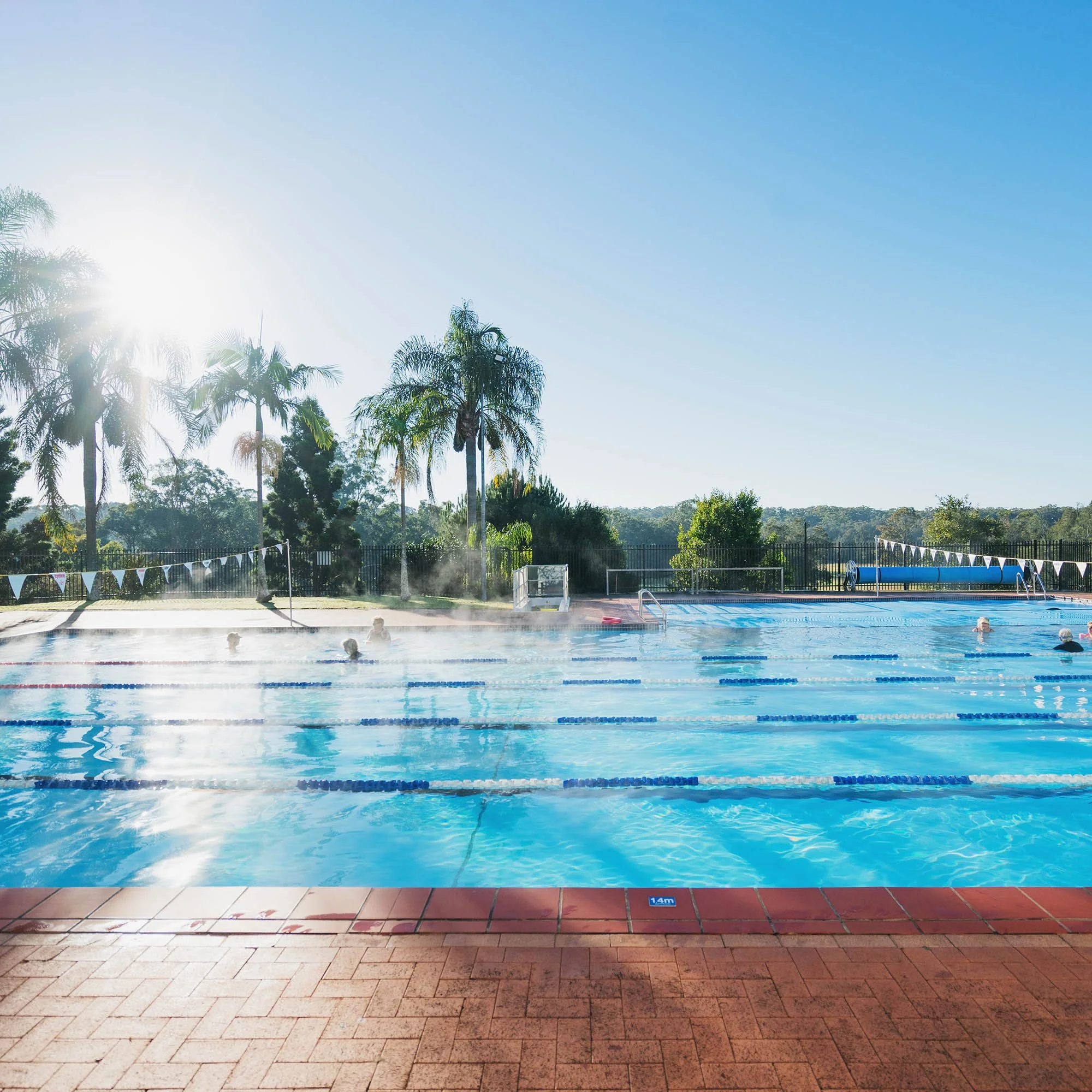 Outdoor swimming pool with swimmers, surrounded by palm trees, with steam rising from the water, and a clear blue sky.