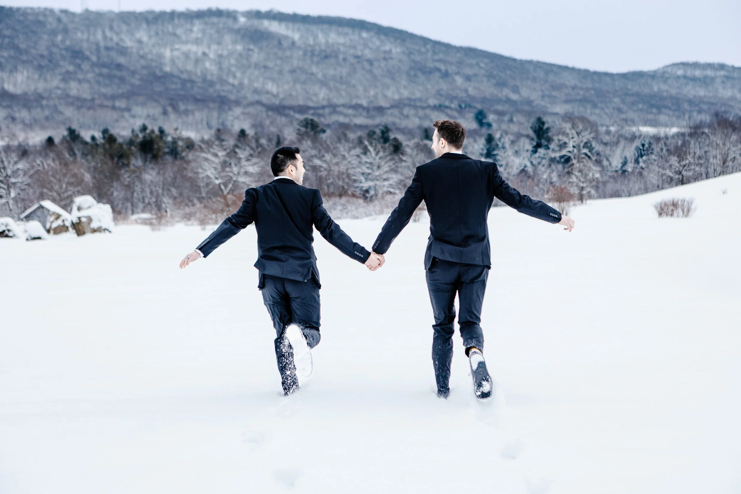 Two men in business suits holding hands and running in a snowy field under an overcast sky with a mountain and forest in the background.