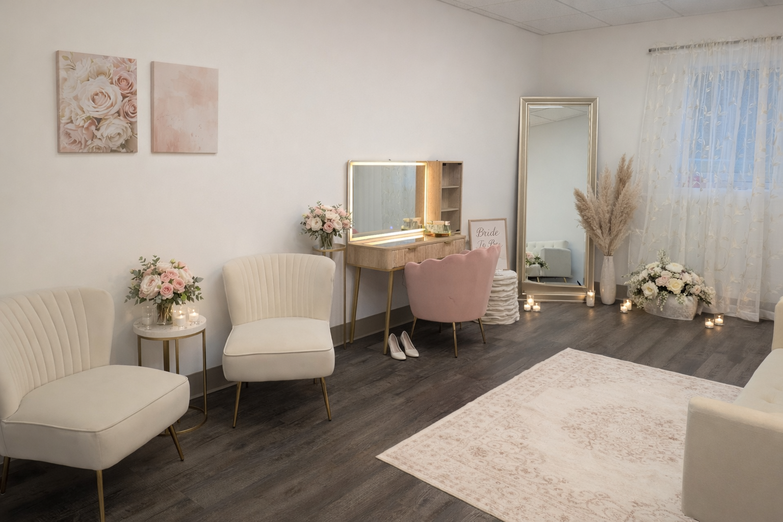 Elegant bridal vanity area with pink and white floral decor, a pink velvet chair, a large mirror, and a bouquet of flowers. Soft lighting and candles create a cozy ambiance in the room.