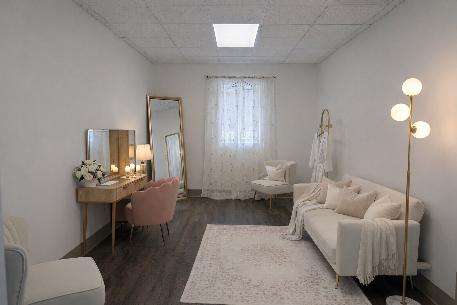 A cozy, elegantly decorated living room with white walls, dark hardwood floors, and soft lighting. It features a white sofa with beige pillows, a vintage rug, a tall gold floor lamp with globe bulbs, a white armchair, a vanity with a pink upholstered chair, a mirror, a small side table, a window with sheer curtains, and a white robe hanging on a stand.