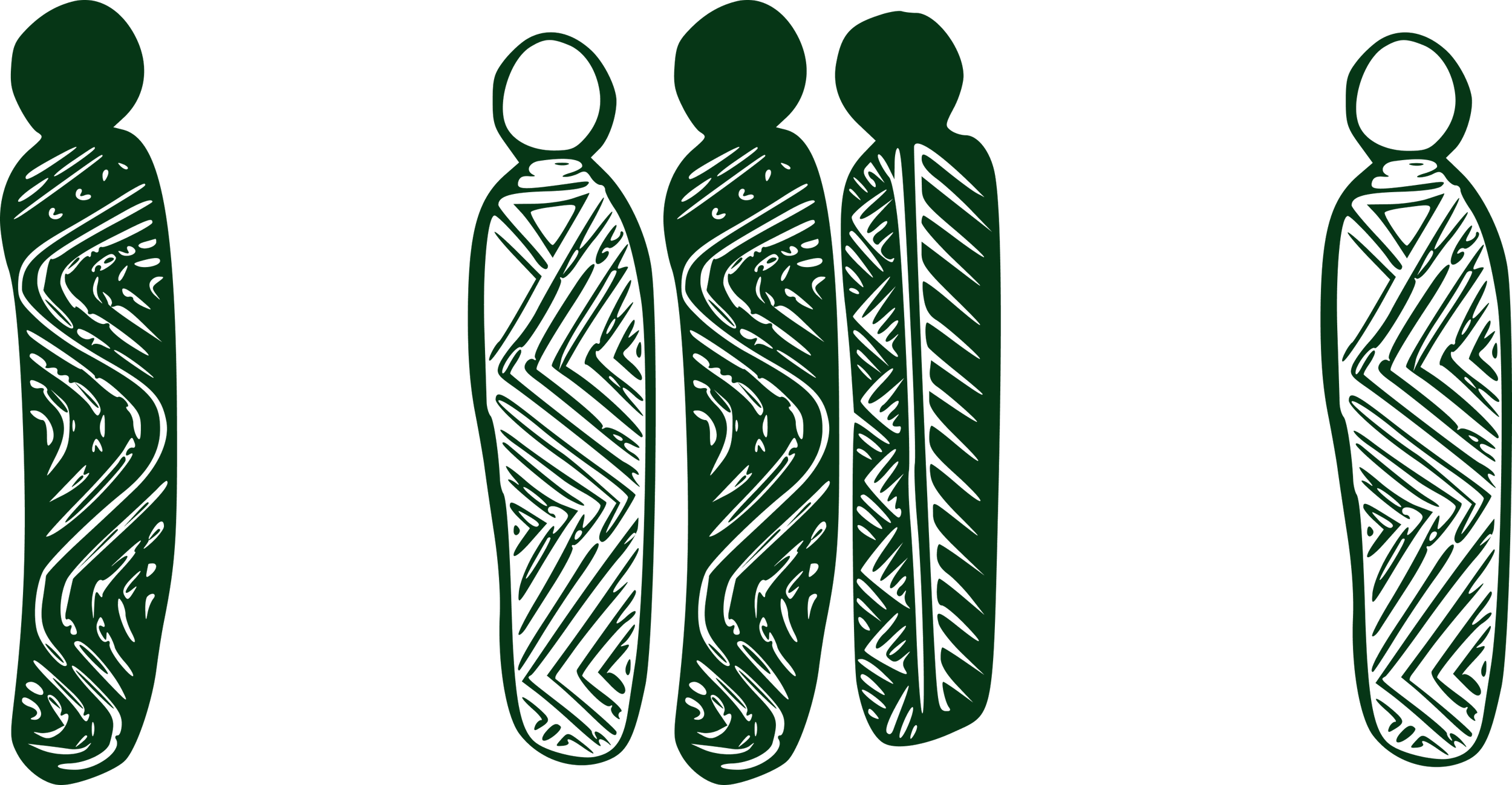 Illustration of five human figures with abstract, patterned bodies and round heads, standing in a row.