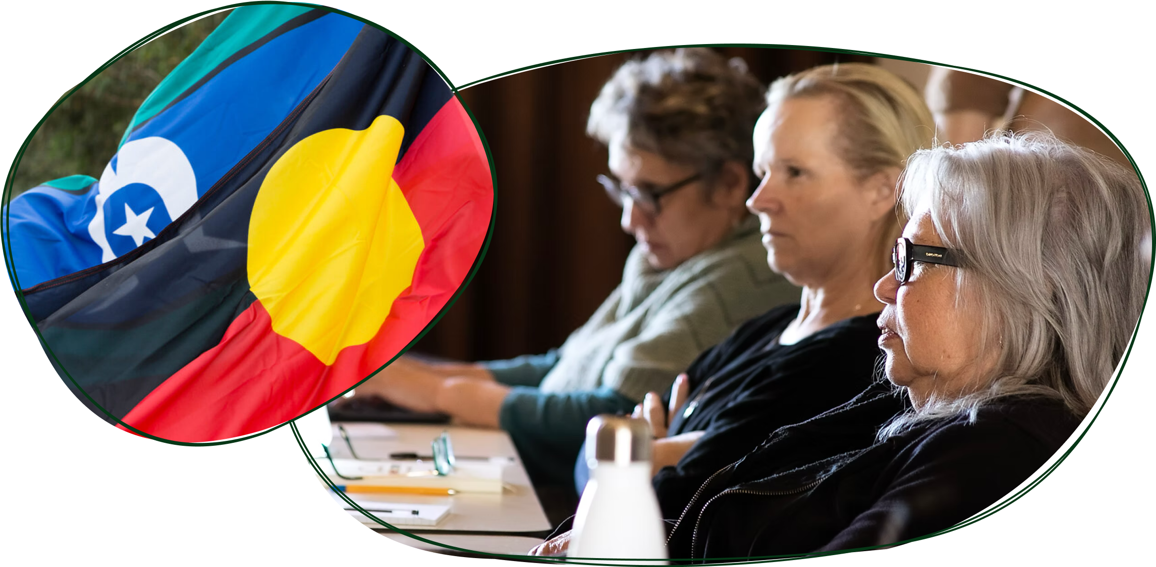A group of people attending a meeting or conference, sitting in a row, with focused expressions. Overlaid with an inset of a flag combining elements of a blue and white star logo and the colors of the Aboriginal Australian flag, red, yellow, black, and blue.