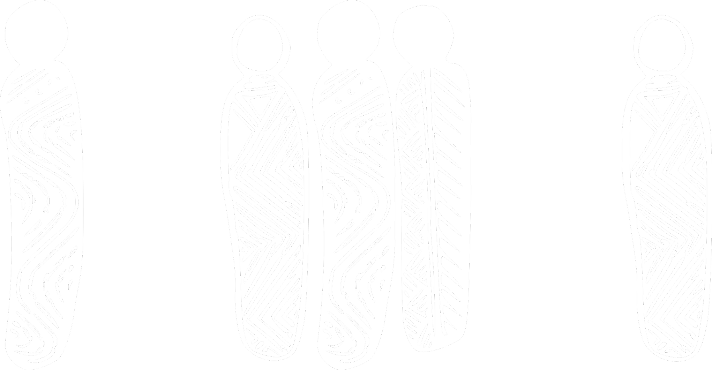 Line drawing of five people with abstract patterns on their bodies against a black background.