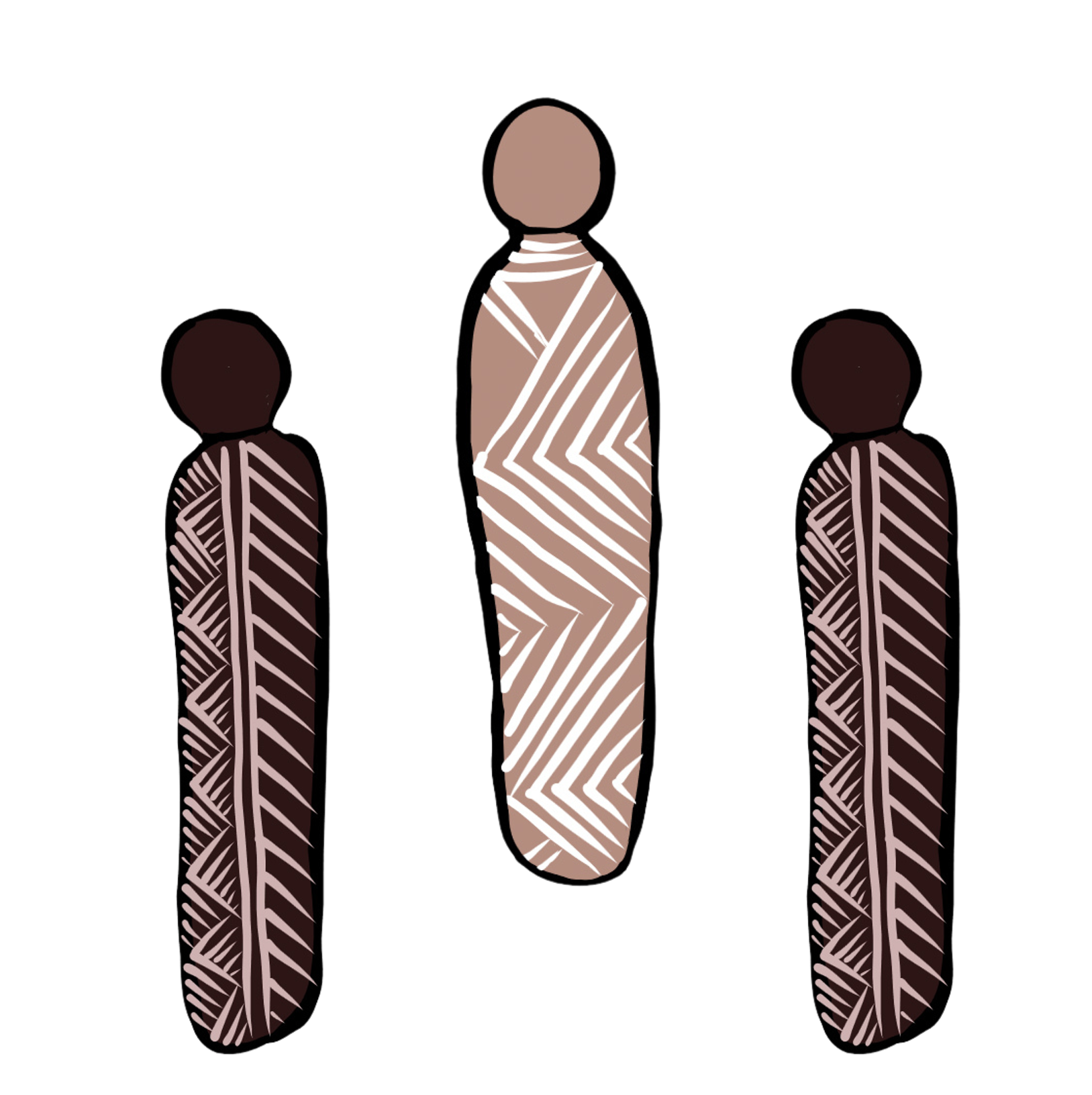 Three abstract human figures with patterned bodies in shades of brown and beige, set against a black background.