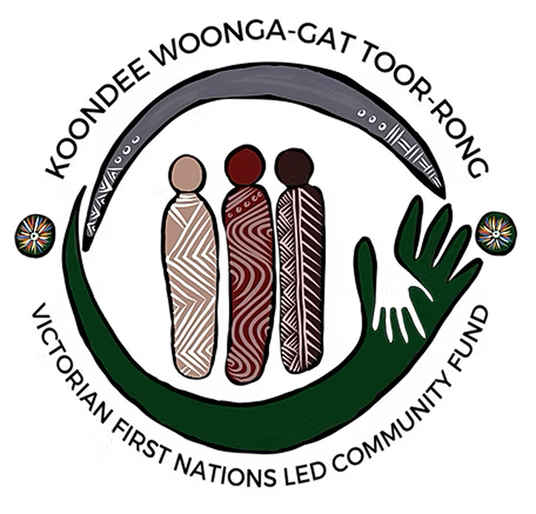 Digital artwork depicting three stylized human figures with patterned clothing under a large eye-shaped design, surrounded by abstract leaves and colorful circular accents, against a black background.