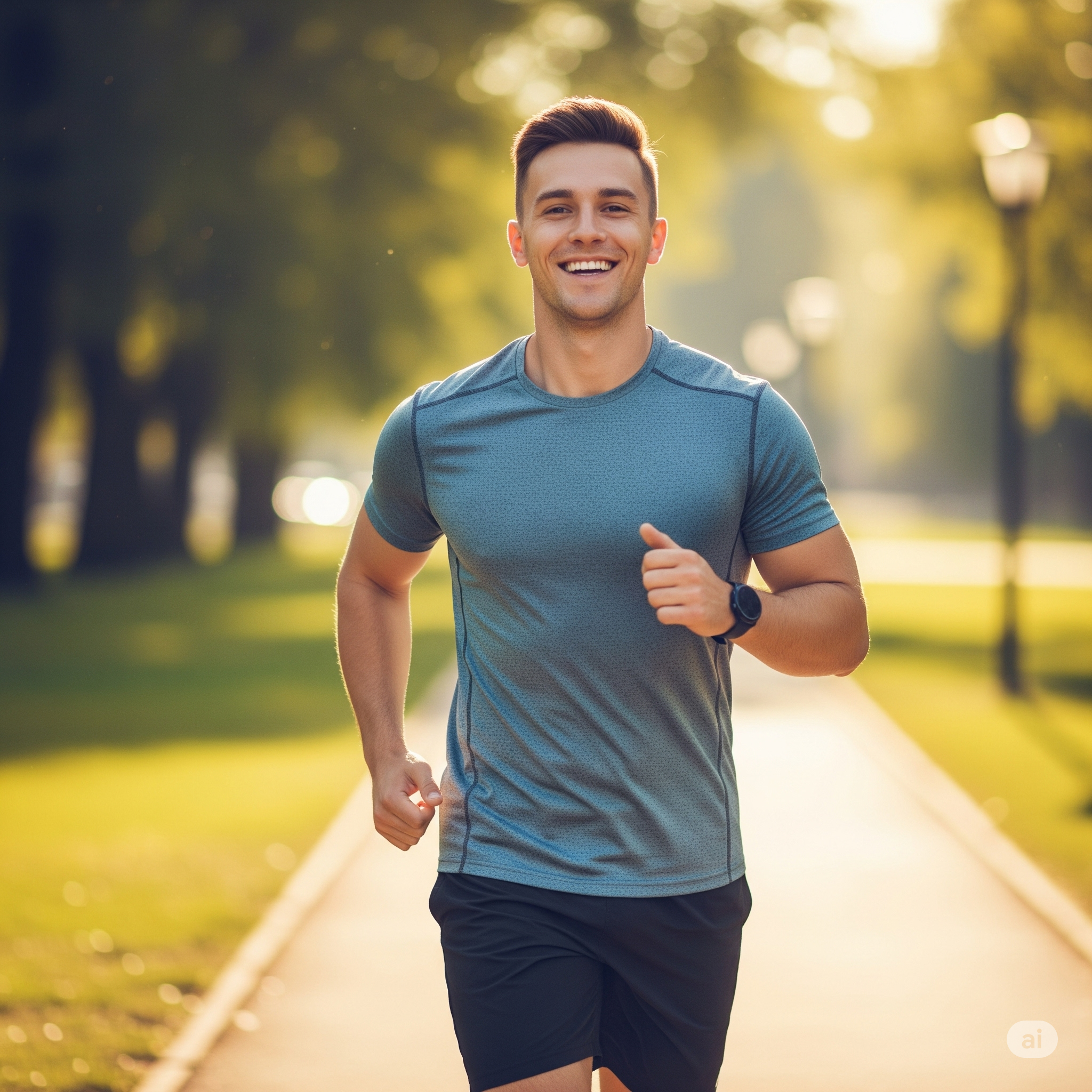 A healthy male runner wearing a teal running shirt on a park path.