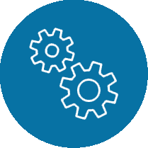 Two white gear icons on a blue background.