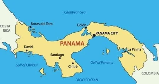 Map of Panama showing major cities and surrounding bodies of water, including Panama City, Colón, David, Santiago, Chitré, and Bocas del Toro.
