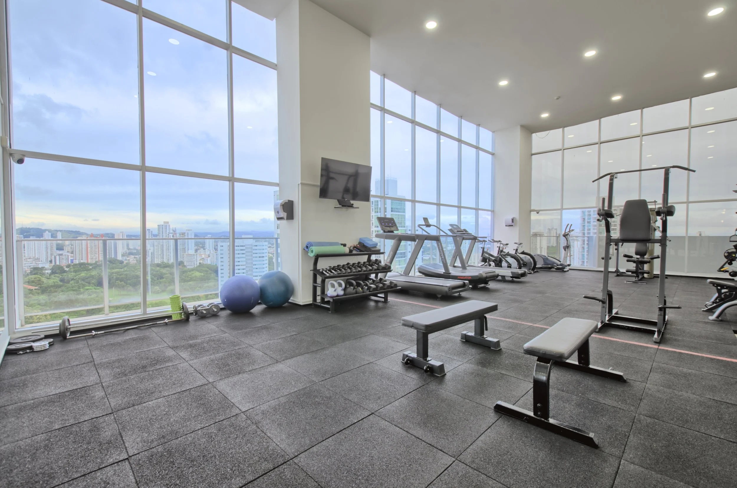Modern gym with large windows, exercise equipment including treadmills, stationary bikes, and weights, overlooking a cityscape with tall buildings and green spaces.