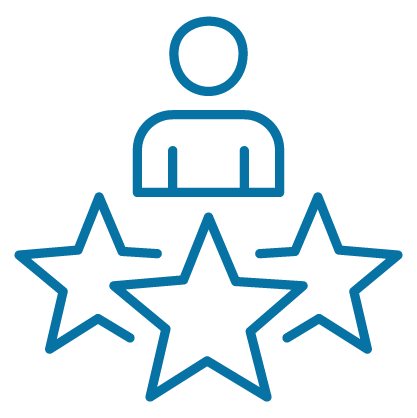 Outline of a person above three stars, representing a rating or review.