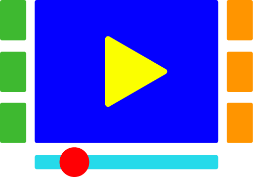 Colorful cartoon video player icon with a blue background, a yellow play button in the center, green and orange buttons on the sides, and a red circle on a turquoise progress bar.