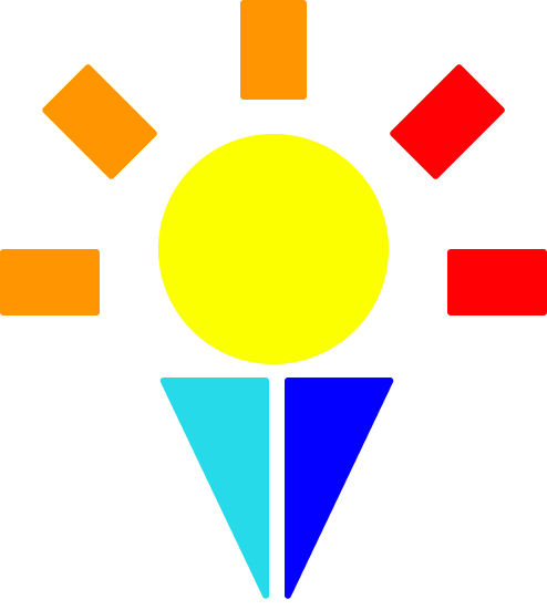 Colorful abstract geometric design with a yellow circle, orange and red rectangles, and blue and light blue triangles.