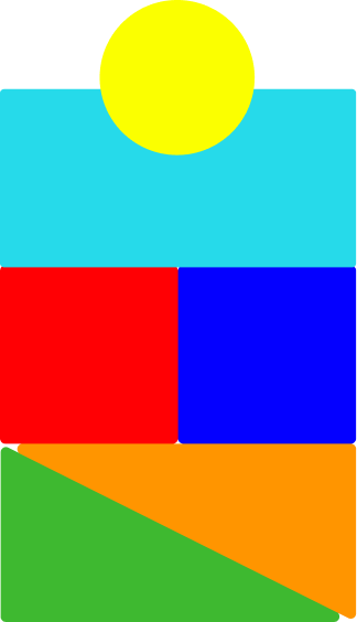 Colorful geometric abstract shape with a yellow circle at the top, blue rectangle, red square, blue square, orange triangle, and green triangle at the bottom.