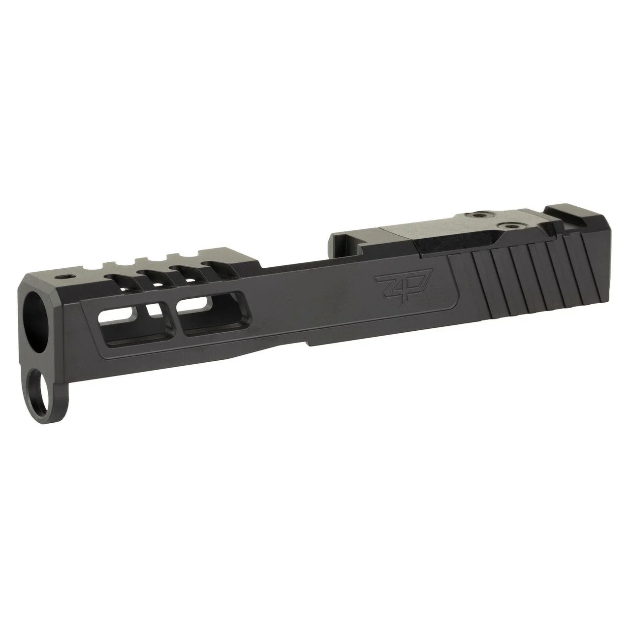 Black firearm slide with cutouts and accessory mounting rails