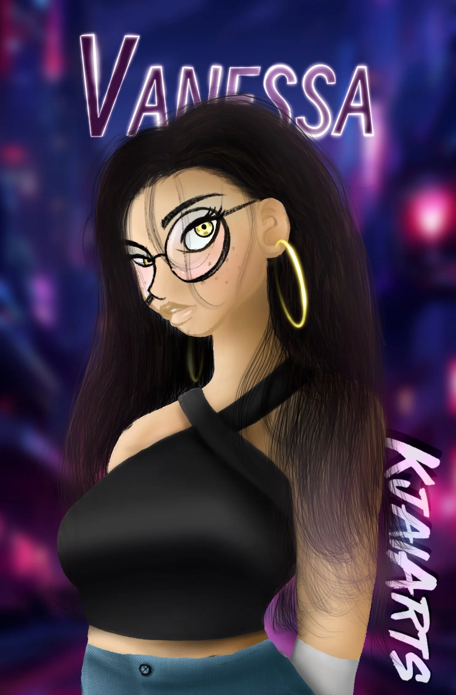 Digital illustration of a young woman with long dark hair, wearing glasses, large hoop earrings, a black top, and blue jeans with a glowing neon sign that says 'VANESSA' in the background and stylized text on the side.