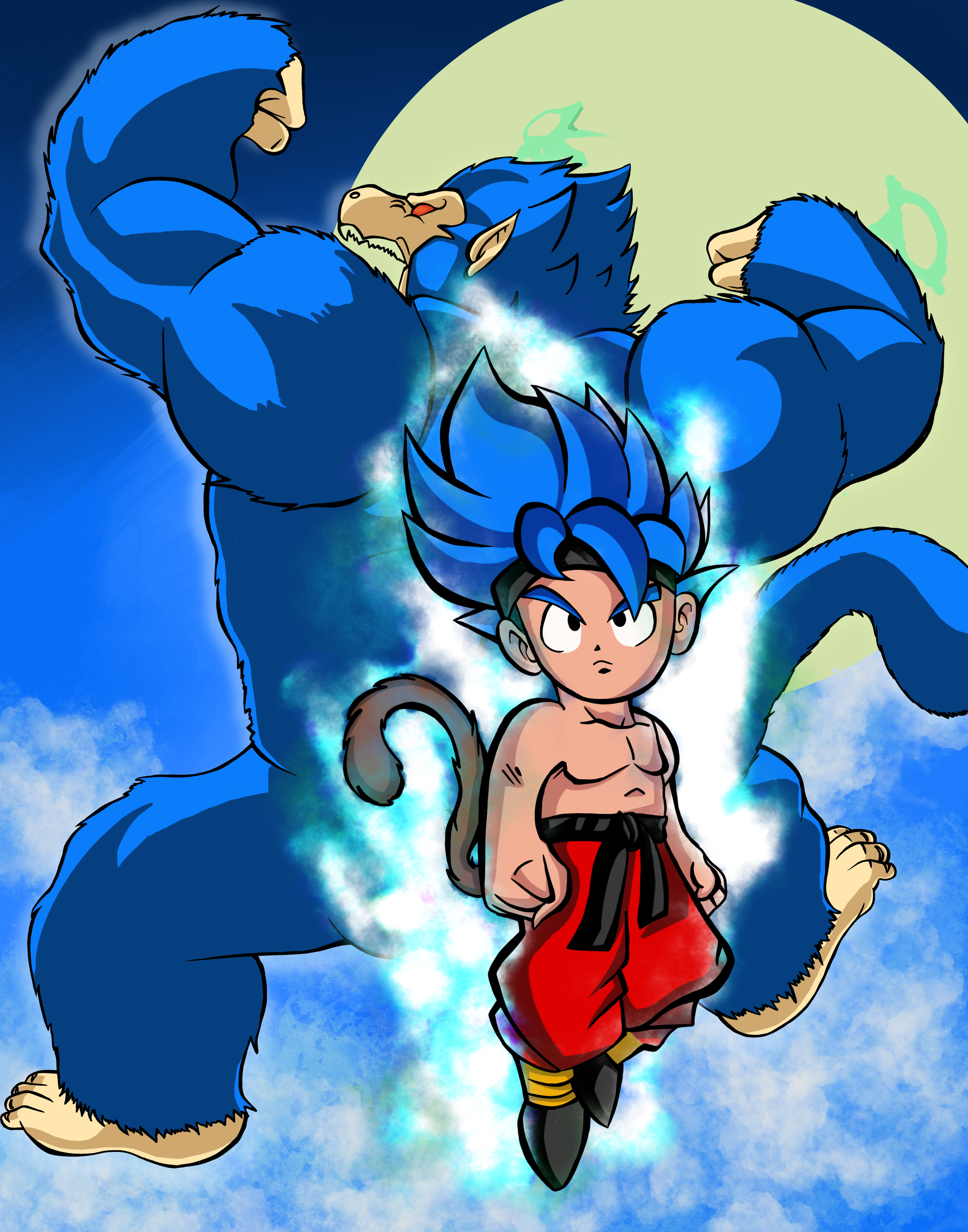 Anime-style illustration of a young boy with spiky blue hair, wearing red martial arts pants with a black belt, and a small lion-like tail, standing in front of a large blue muscular creature with a lion's head and mane, showing glowing blue energy a