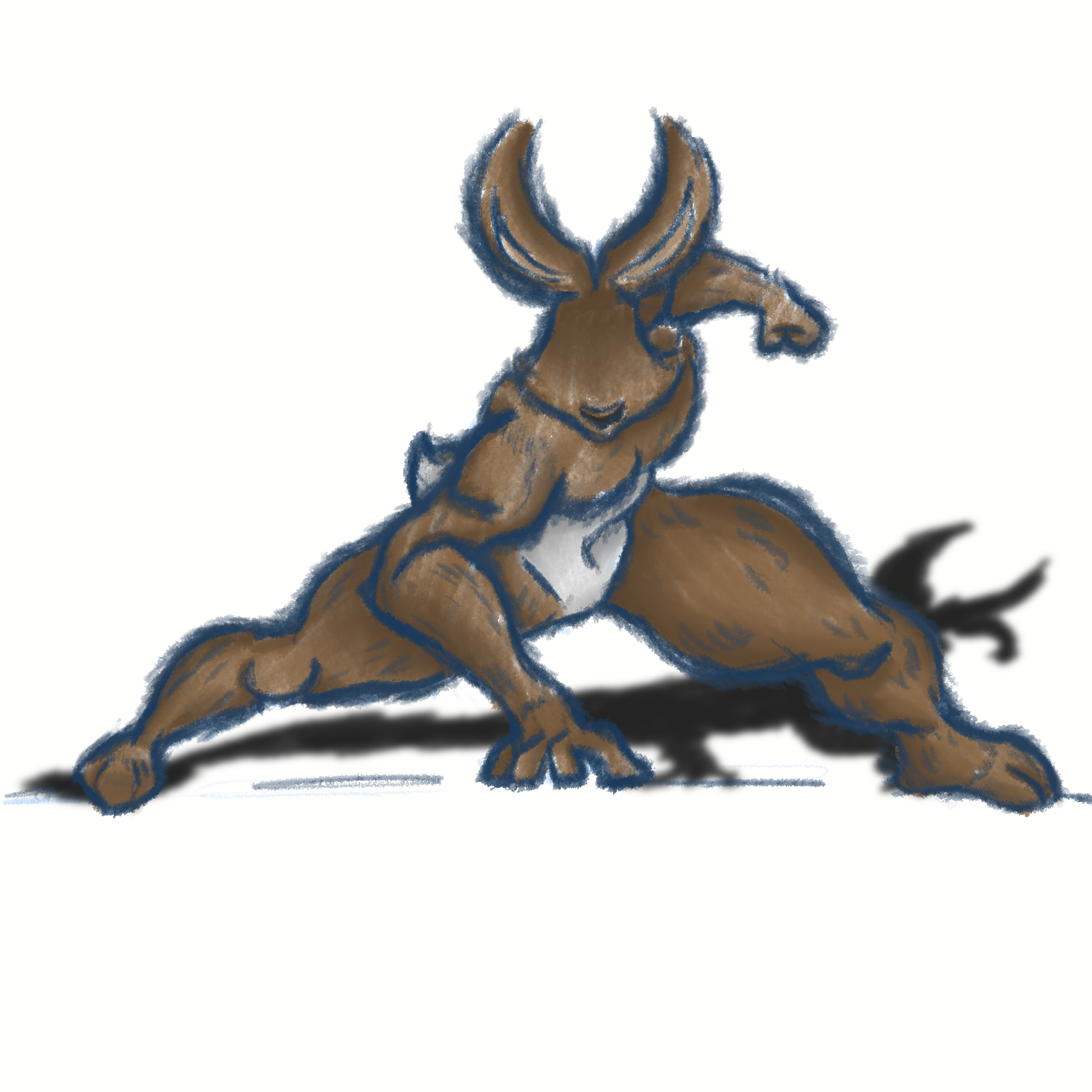 Sketch of a muscular, anthropomorphic creature with an animal-like face, large horns, and a tail, in a crouching stance with arms and legs spread wide.