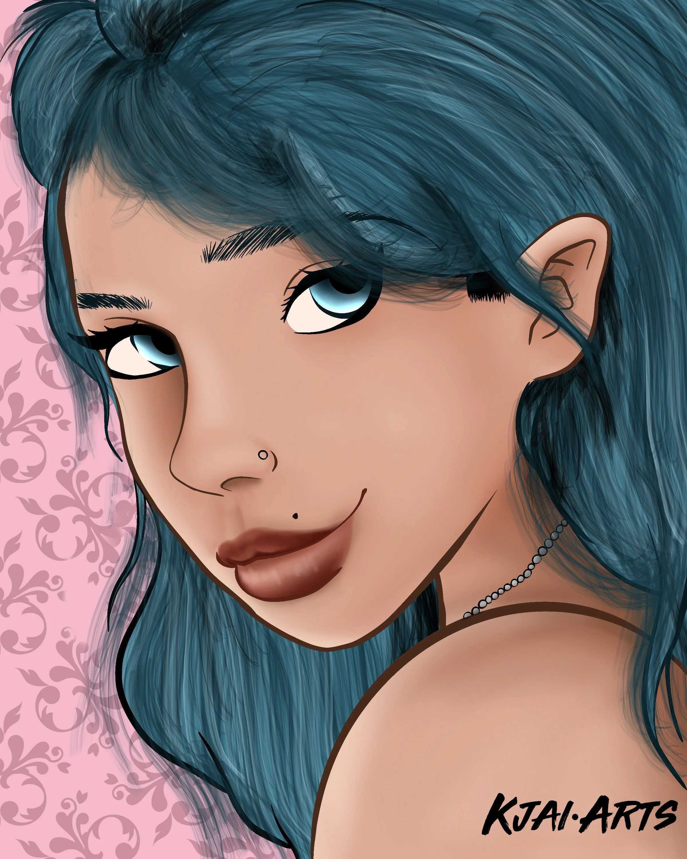 Digital artwork of a woman with wavy blue hair, tan skin, and large blue eyes, featuring dark eye makeup, a nose piercing, and wearing a beaded necklace, against a pink floral patterned background.