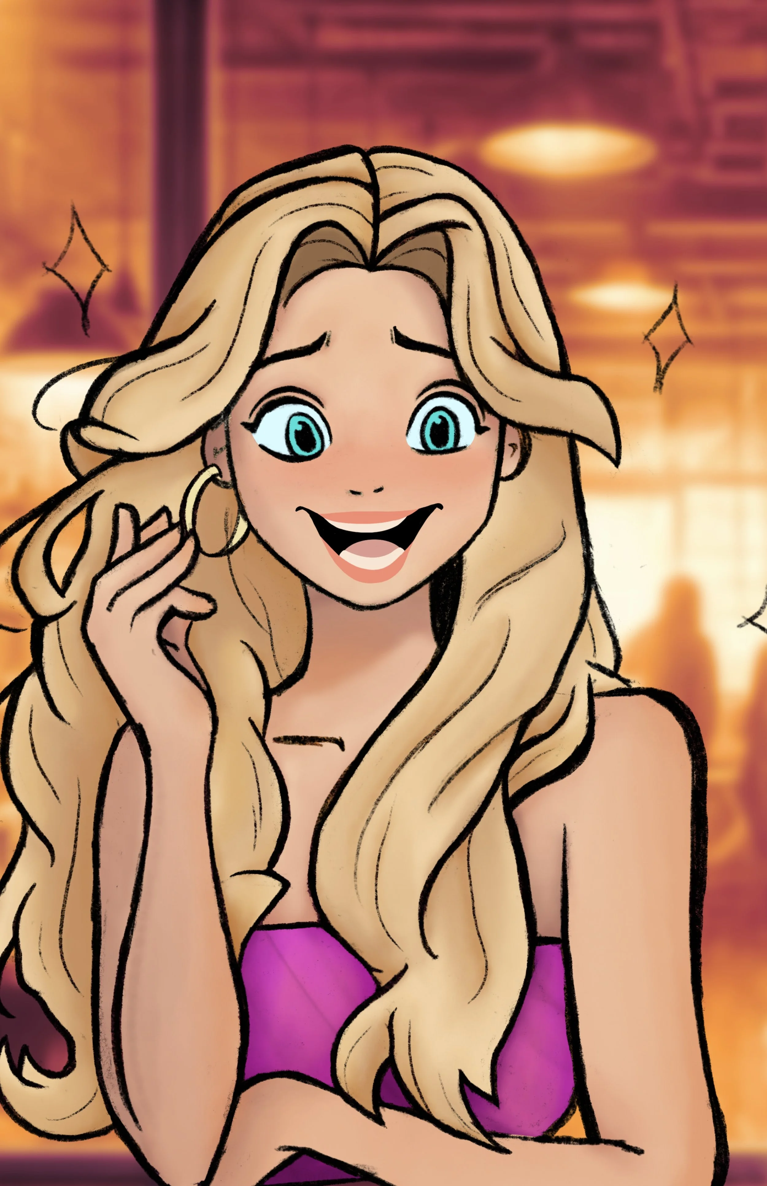 Animated woman with long blonde hair, wearing large hoop earrings and a purple top, smiling and touching her ear. The background appears to be a warm, dimly lit indoor setting.