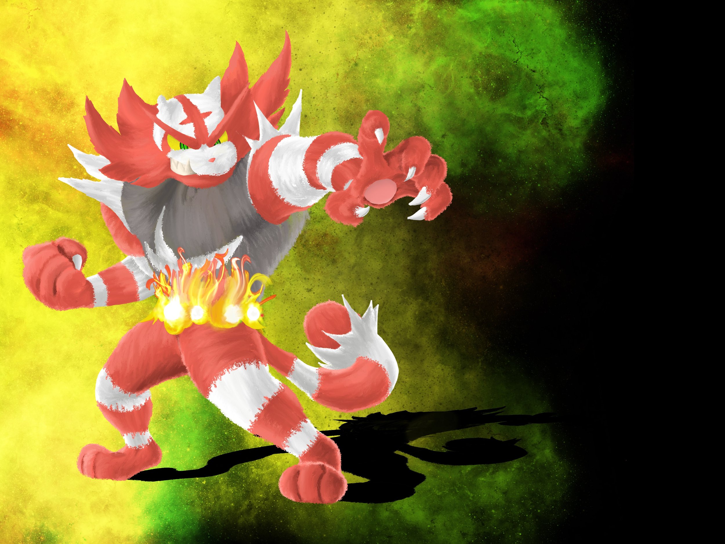A digital drawing of a fierce, anthropomorphic fox-like creature with red and white fur, green eyes, and spiky hair. It has a muscular build and is surrounded by a vibrant green and yellow background with a burst of flames emitting from its waist.