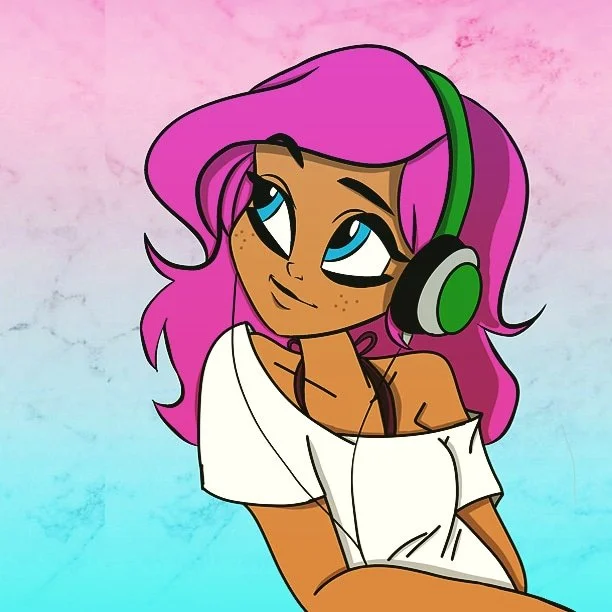 Cartoon girl with purple hair wearing green and black headphones and a white off-shoulder shirt, looking up with a thoughtful expression