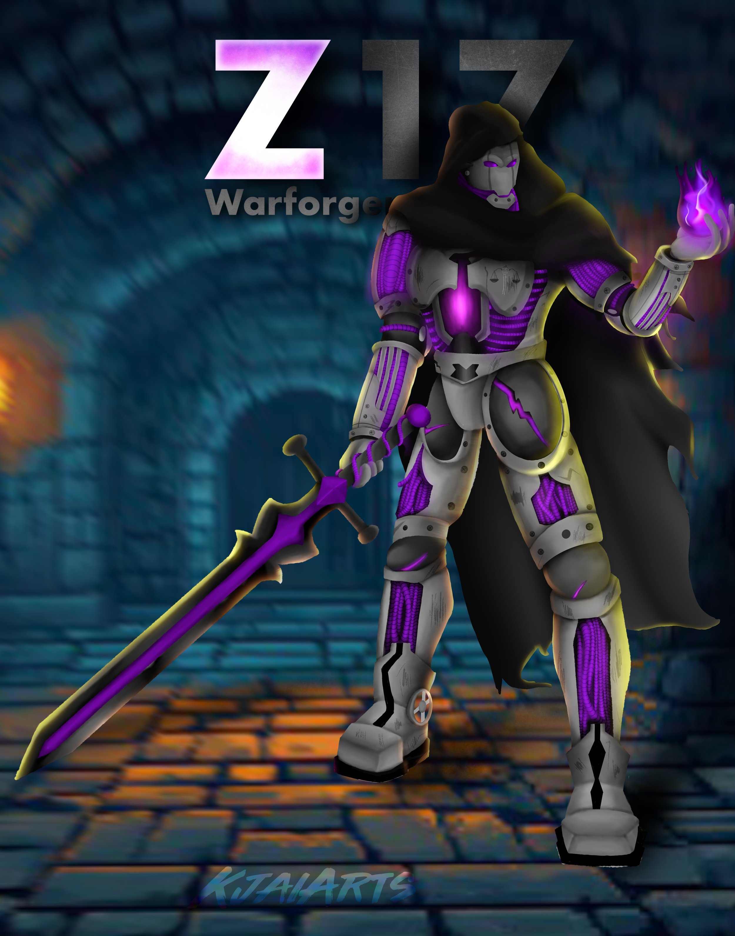 A digital illustration of a robotic warrior in black and purple armor, holding a sword, standing in a dark, cavernous stone corridor with torches and the text 'Z17 Warforge' at the top.