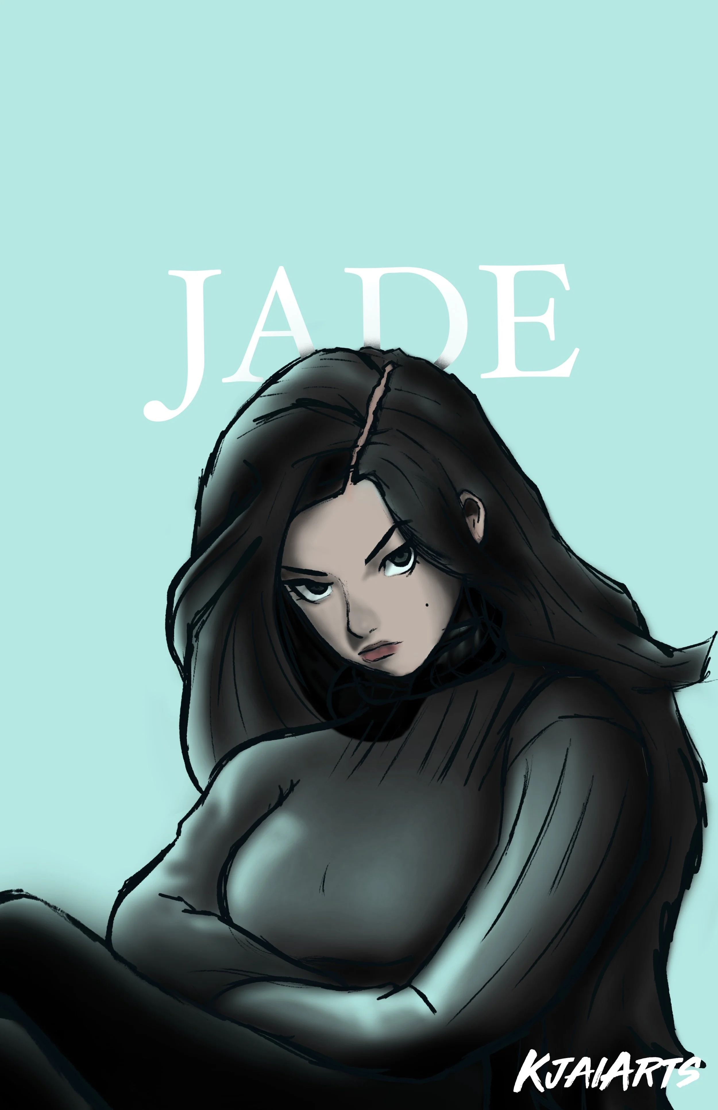 Digital illustration of a woman with long black hair, piercing eyes, and a serious expression, wearing a black outfit, with the word 'JADE' above her and 'KJAAARTS' signature at the bottom right