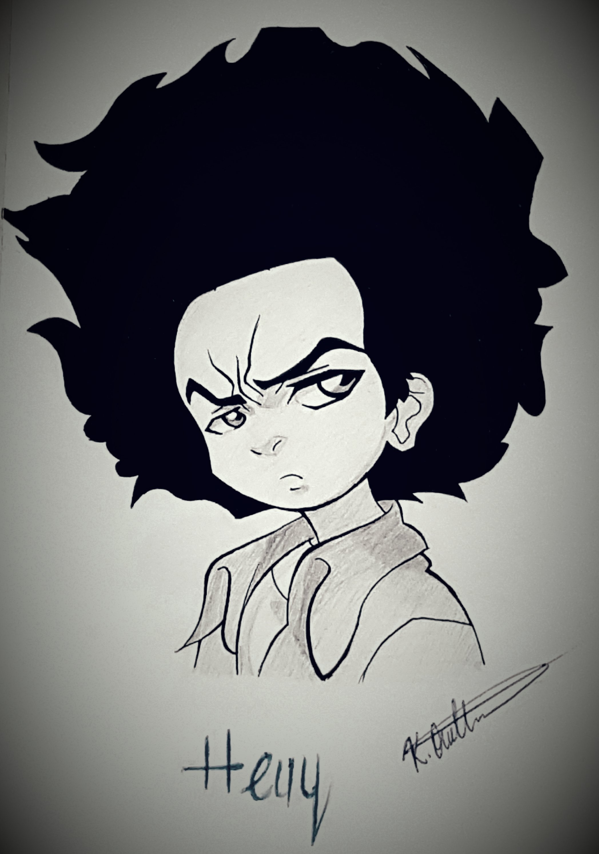 Black and white illustration of a young girl with large, spiky hair and an intense expression, wearing a collared shirt. The drawing is signed and has the name "Hedy" written below.