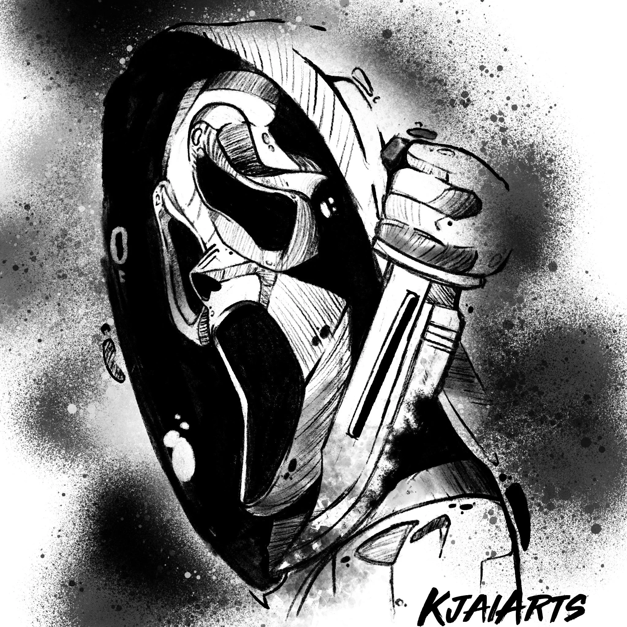 Black and white digital illustration of a futuristic soldier in armor, holding a small object to their face, with the name 'KJAHARTS' written at the bottom.