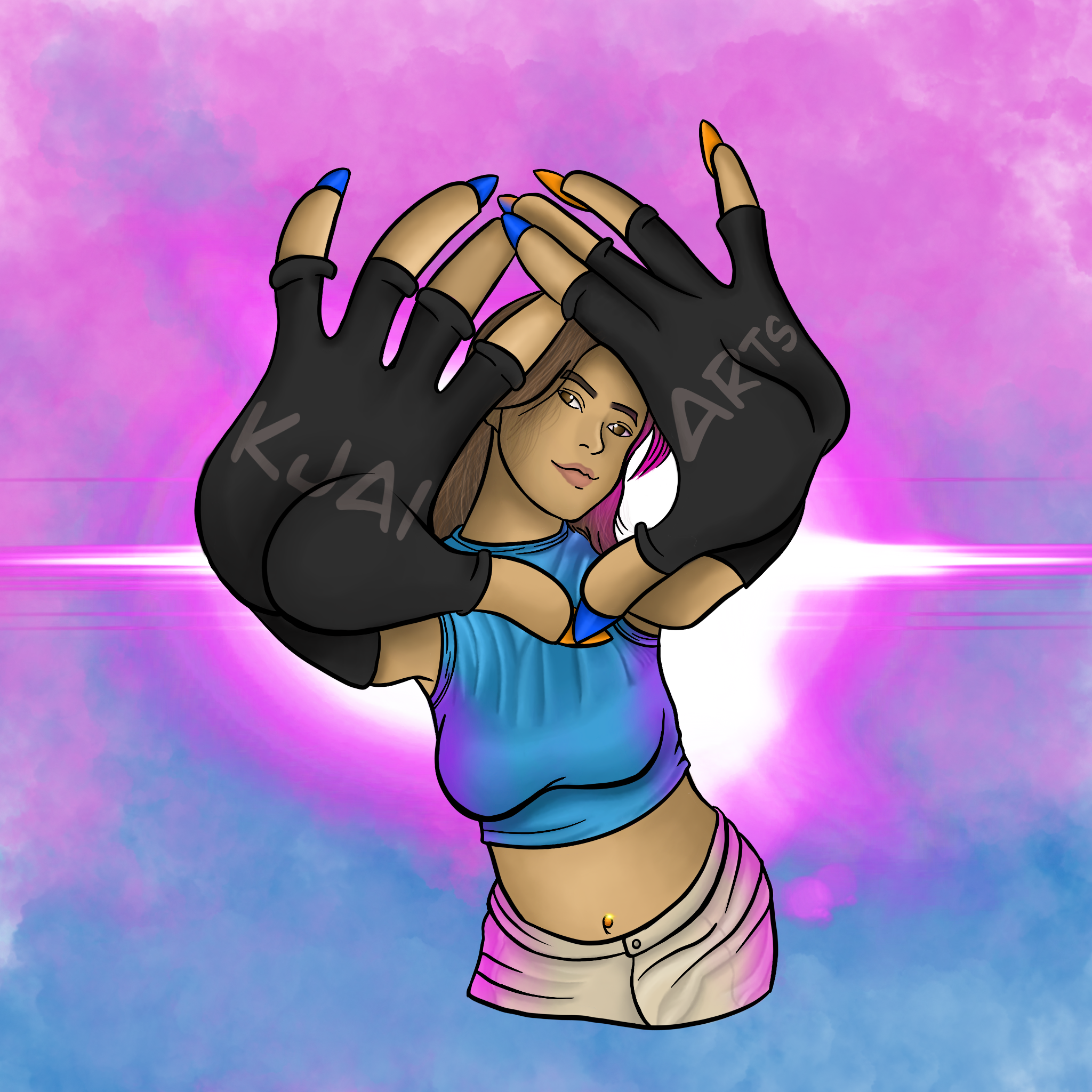 Digital illustration of a woman with long hair, wearing a blue sleeveless top and pink striped shorts, making a triangle shape with her hands in front of her face. The background is a vibrant pink and purple gradient with a glow effect.