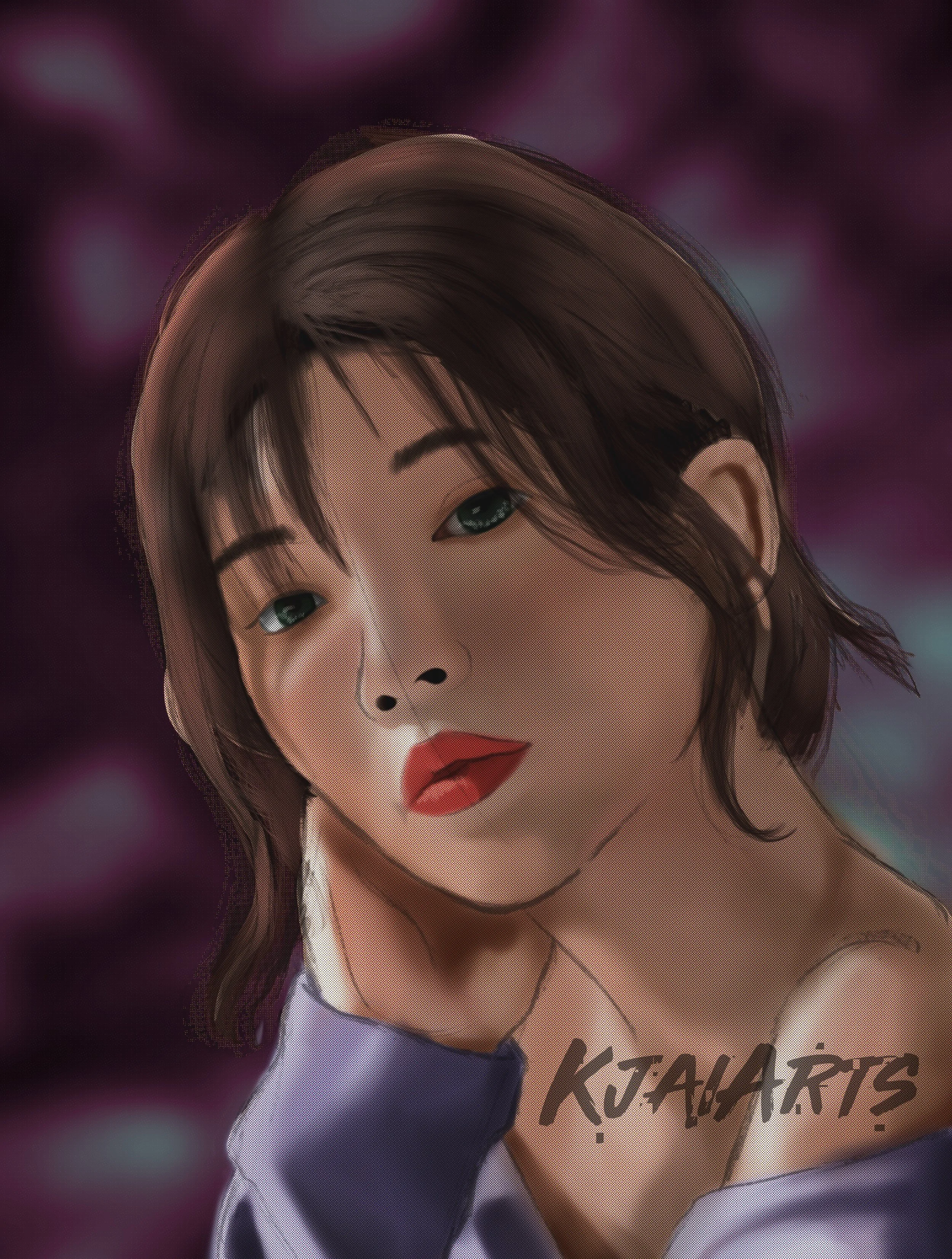 Digital portrait of a young woman with short brown hair, red lipstick, and green eyes, against a blurred purple background, with an artist's signature 'KJArts' in the bottom right corner.