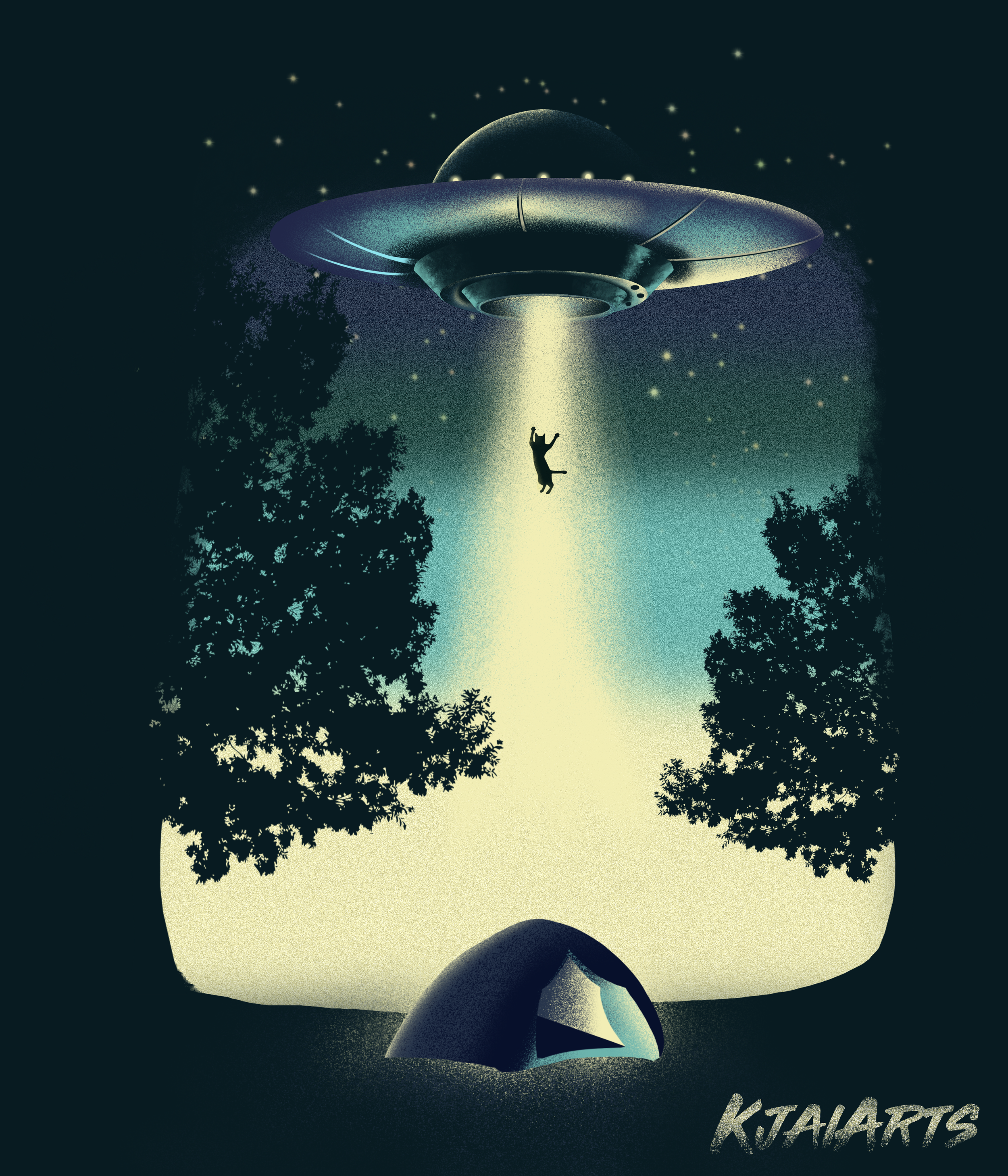 Fictional scene of an alien spaceship abducting a person with a flashlight from a tent in a forest at night.