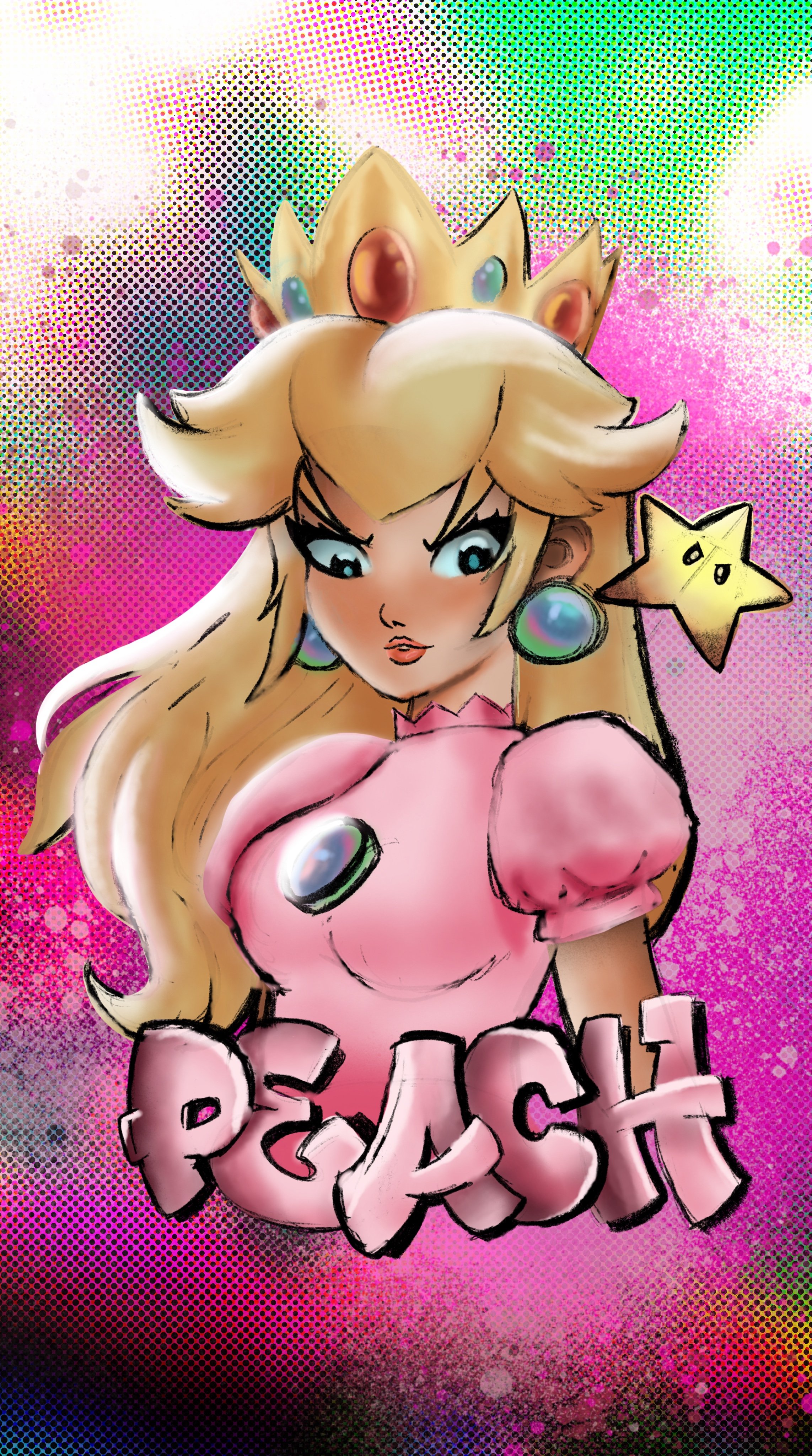 Princess Peach from the Super Mario series wearing a crown with colored jewels, large earrings, and a pink dress with the word 'Peach' written in graffiti style, set against a vibrant, colorful, and dotted background.