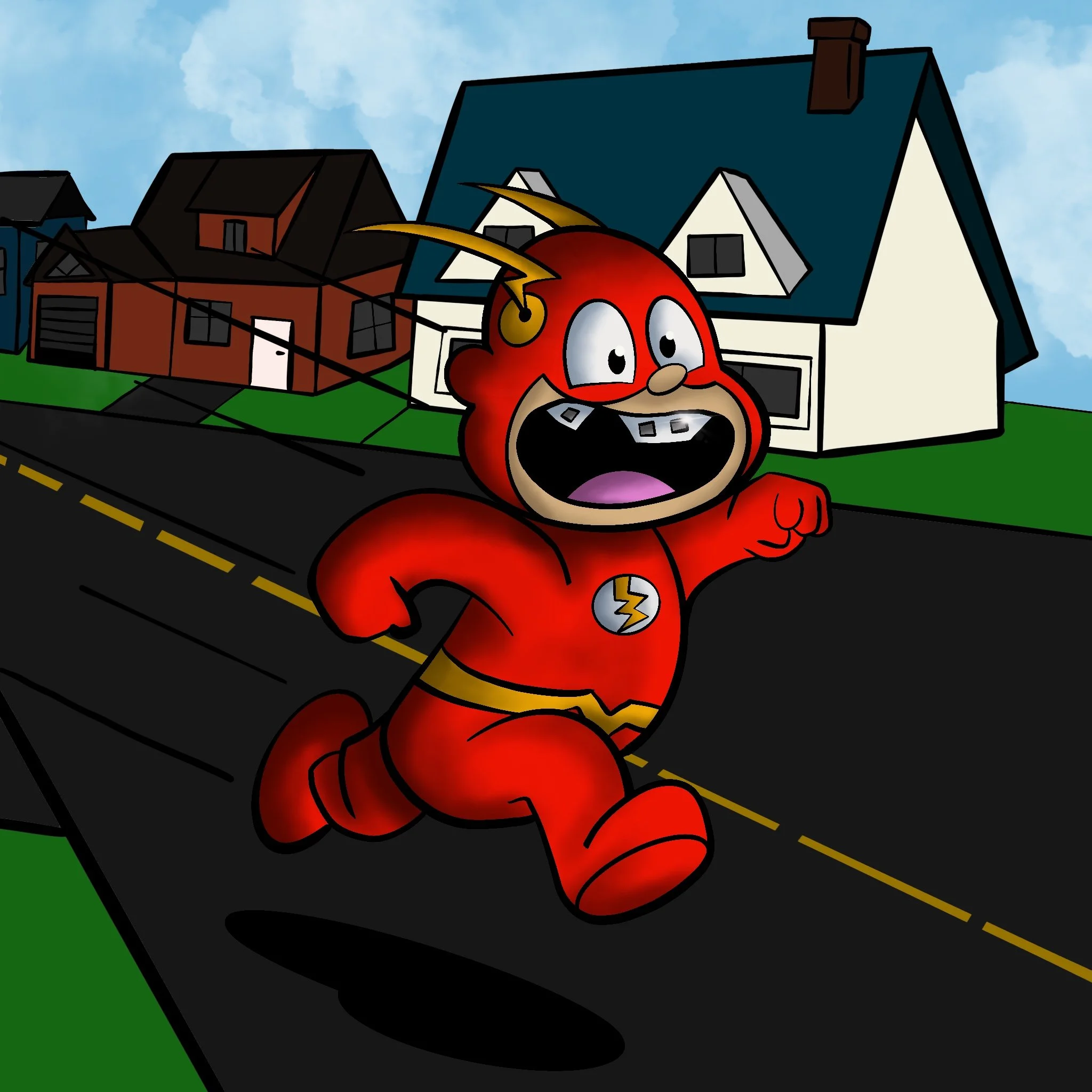 Animated character dressed as The Flash running on a suburban street with houses and a cloudy sky in the background.