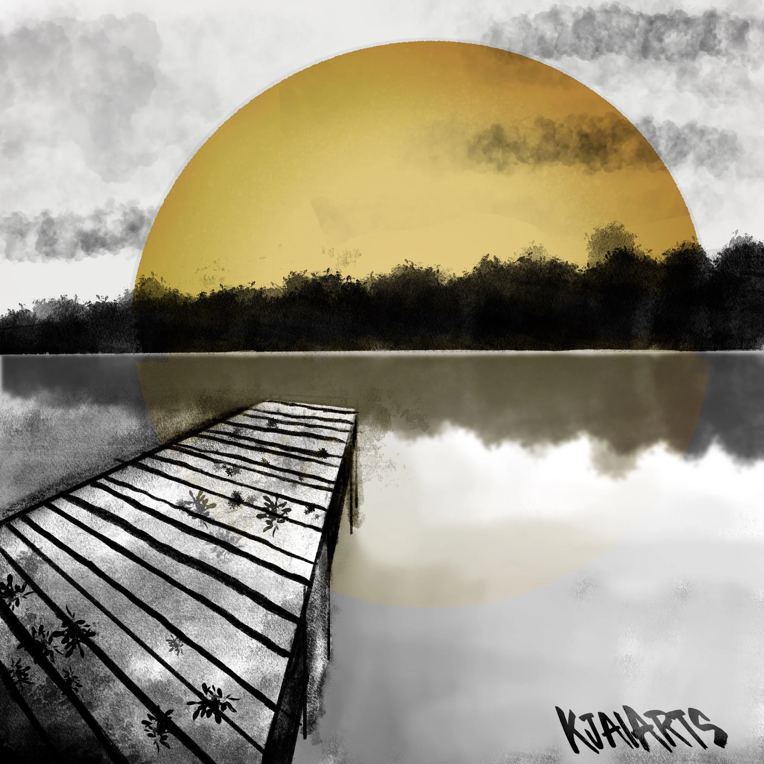 Digital artwork of a dock extending into a calm lake, with a large yellow sun setting or rising behind a dense forest in the background, and snowflakes falling.
