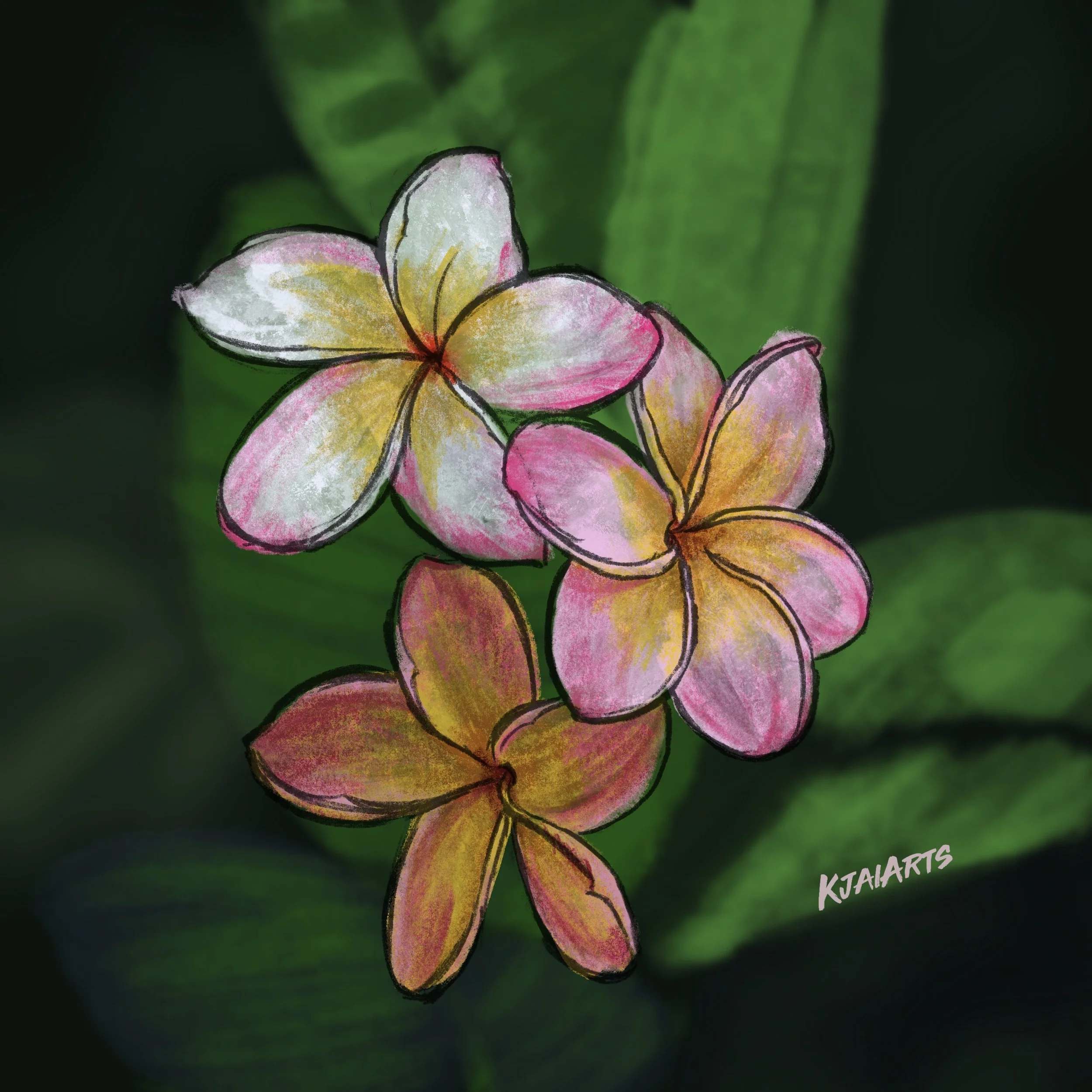 Colorful illustration of three plumeria flowers with pink, yellow, and white petals, set against green leaves.
