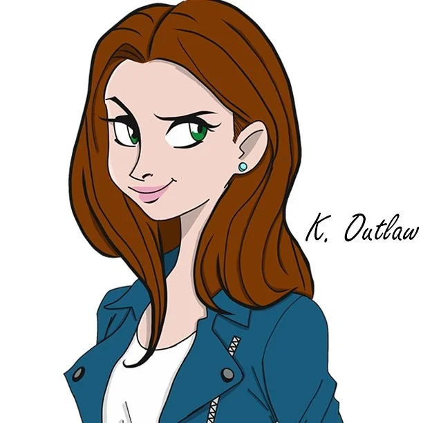 Cartoon illustration of a woman with long brunette hair, green eyes, and a mischievous smile wearing a blue jacket and white shirt, signed by K. Outlaw.