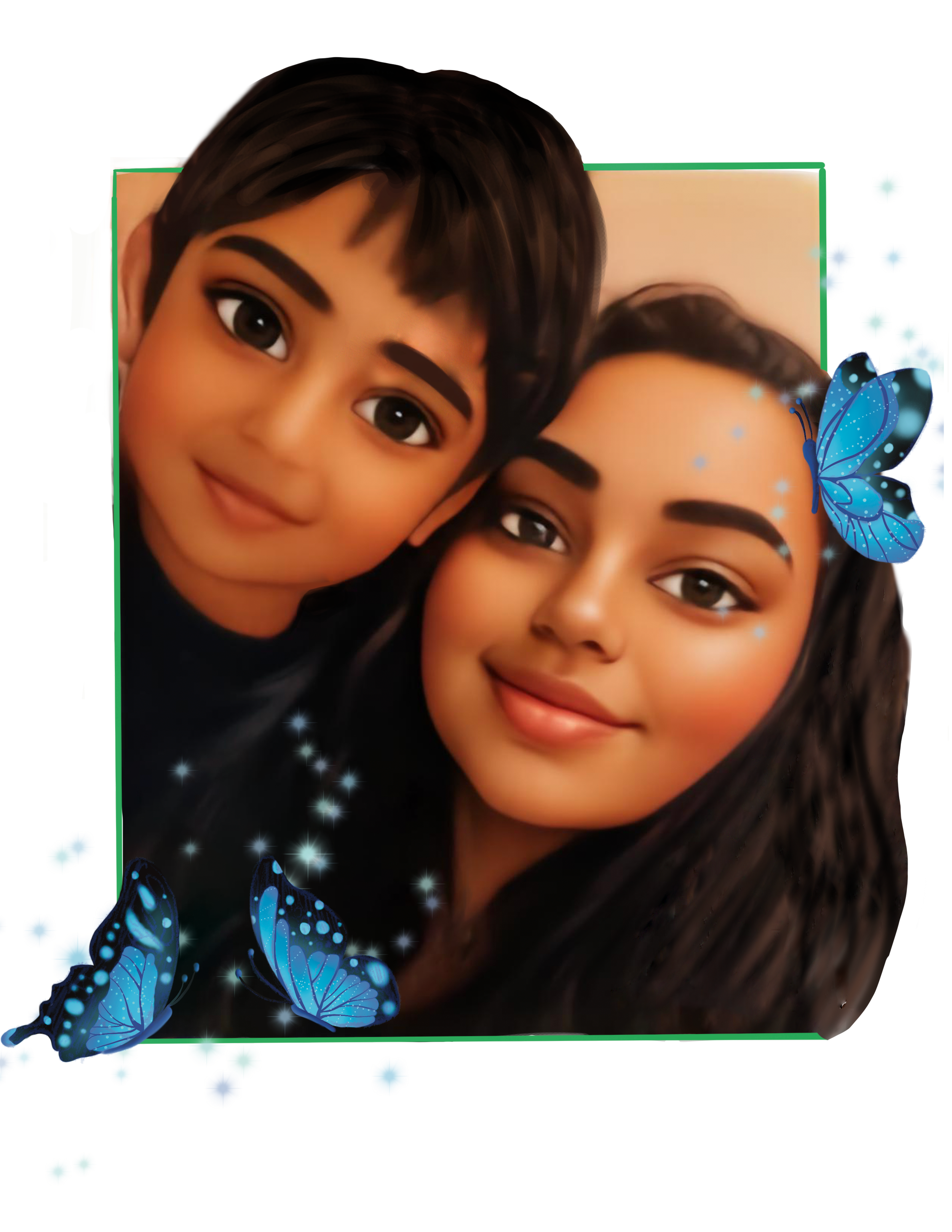 A digitally edited photo of a young boy and woman smiling, with blue butterflies and star-like sparkles around them.
