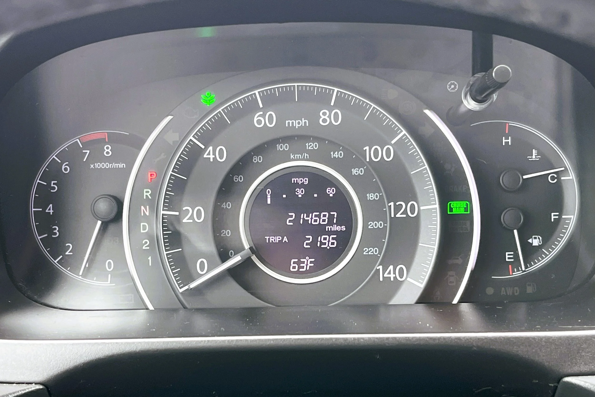 Car dashboard showing speedometer at 0 mph, tachometer at about 700 RPM, and fuel at full, with various indicator lights and an odometer reading 214,687 miles.