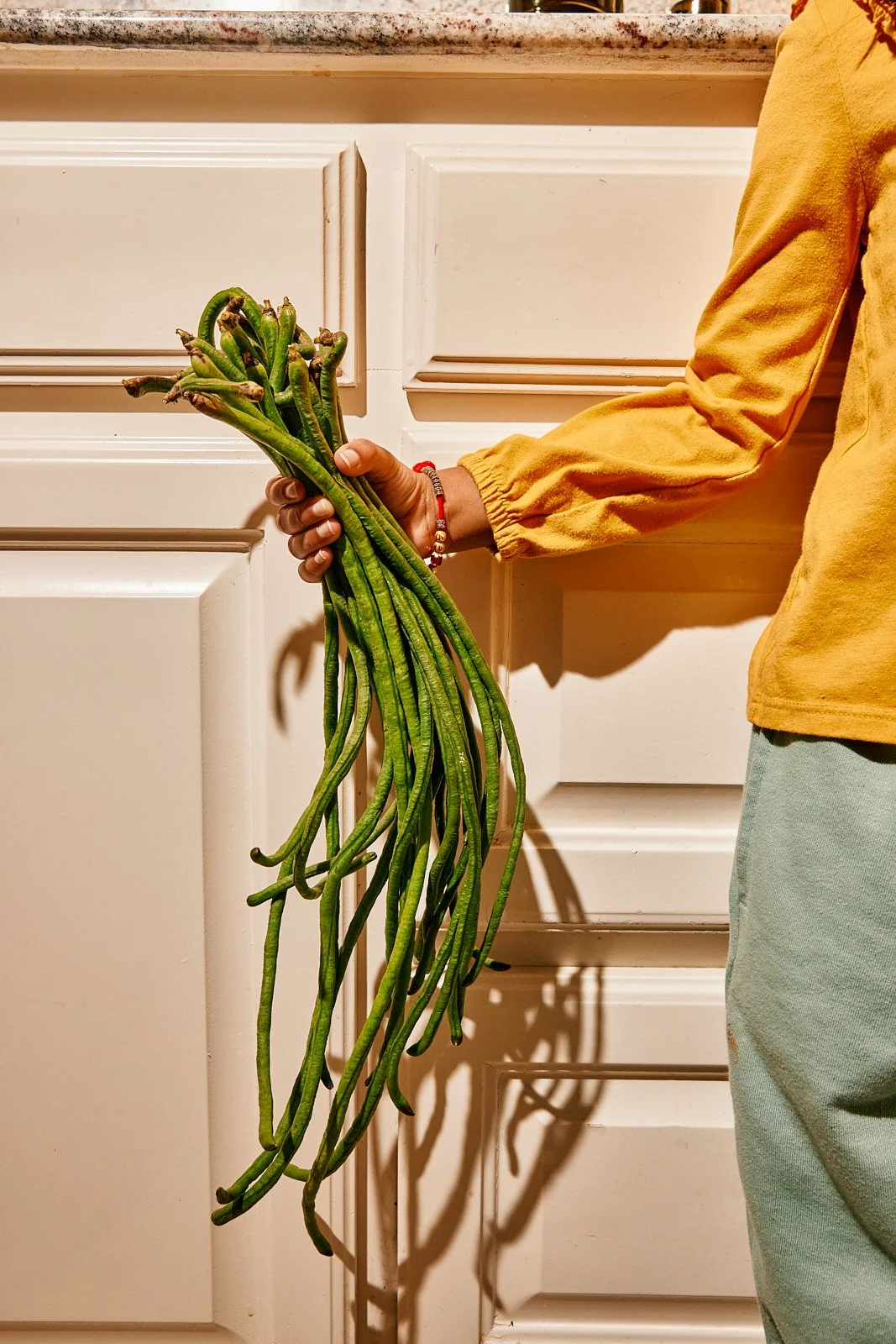 Home-grown green beans for Priya's Kitchen Adventures cookbook. Image by Austin-based food photographer, Mackenzie Smith.