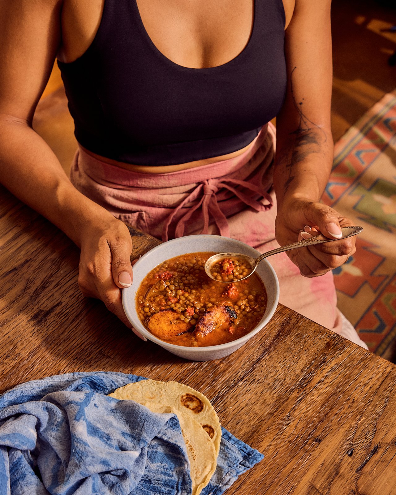 Lentils with plantains and chorizo for Veracruz All Natural's cookbook. Image by Austin-based food photographer, Mackenzie Smith.