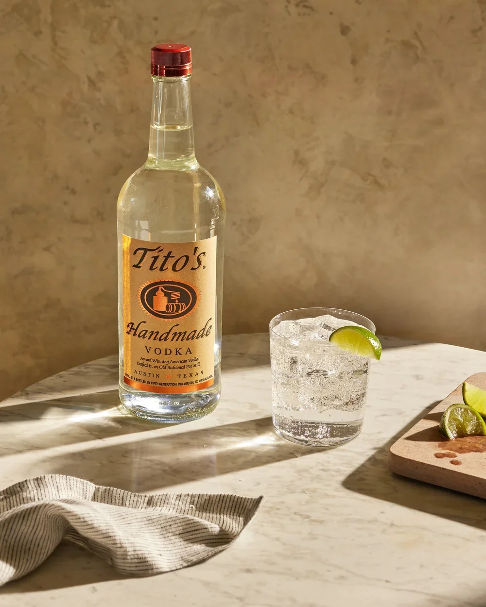 Vodka, soda, and lime for Tito's Handmade Vodka. Image by Austin-based product photographer, Mackenzie Smith.