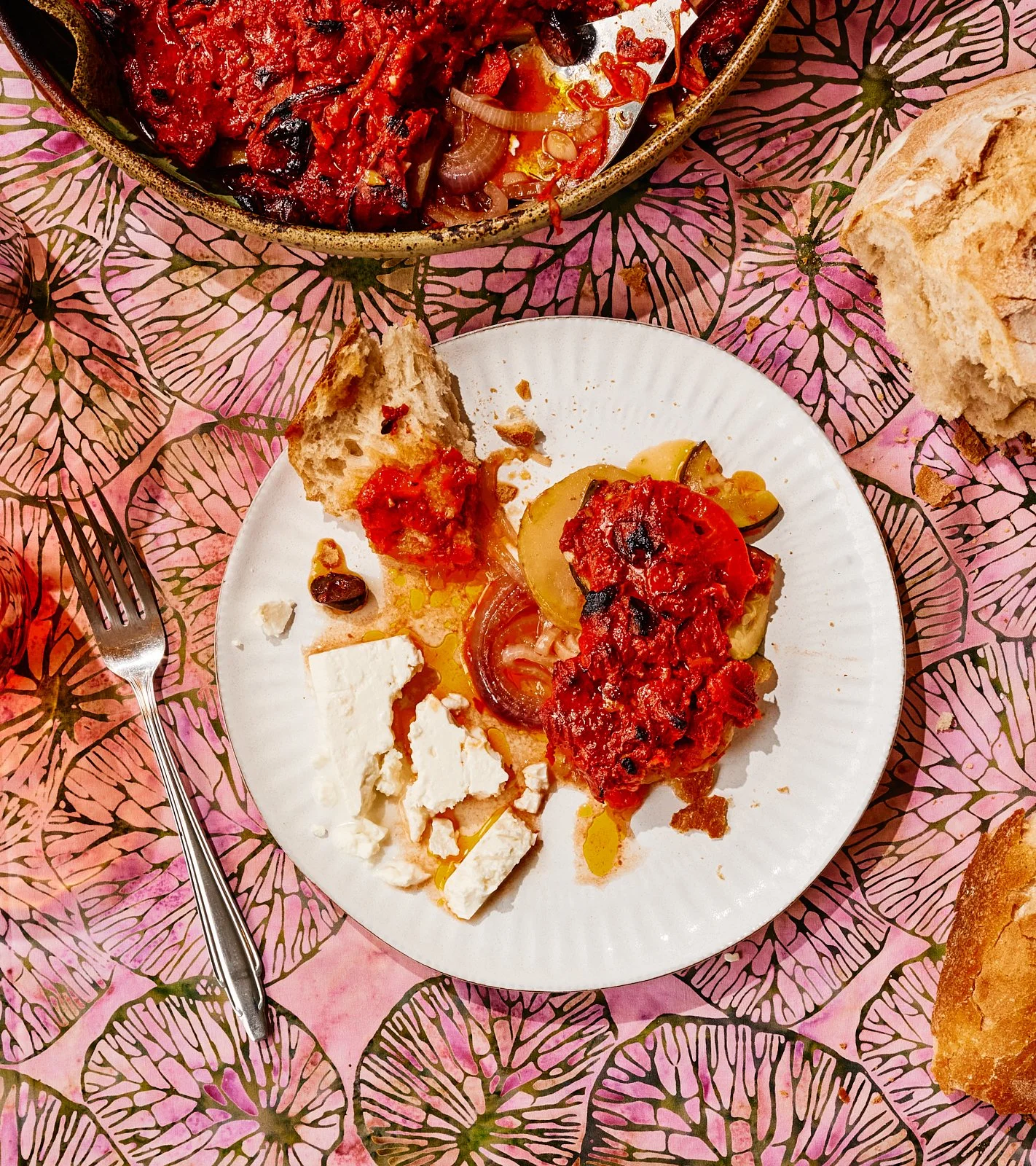 Briam with crusty bread for Priya's Kitchen 
Adventures cookbook. Image by Austin-based food photographer, Mackenzie Smith.