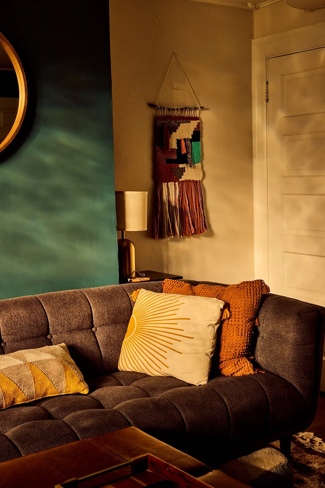 Living room and entryway of a Pittsburgh townhouse. Image by Austin-based lifestyle photographer, Mackenzie Smith.