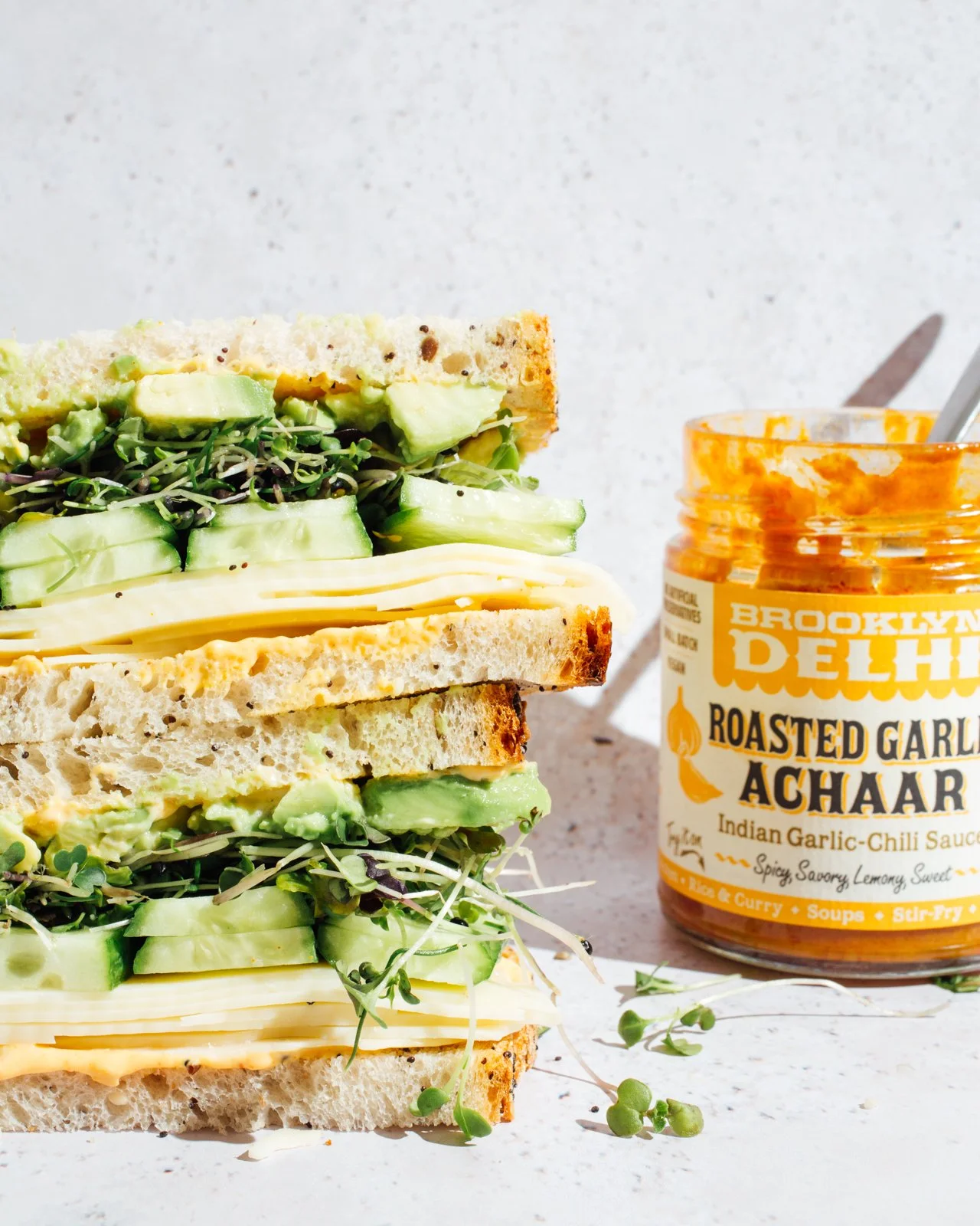 Veggie sandwich for Brooklyn Delhi. Food styling by Maite Aizpurua. Image by Austin-based food photographer, Mackenzie Smith.