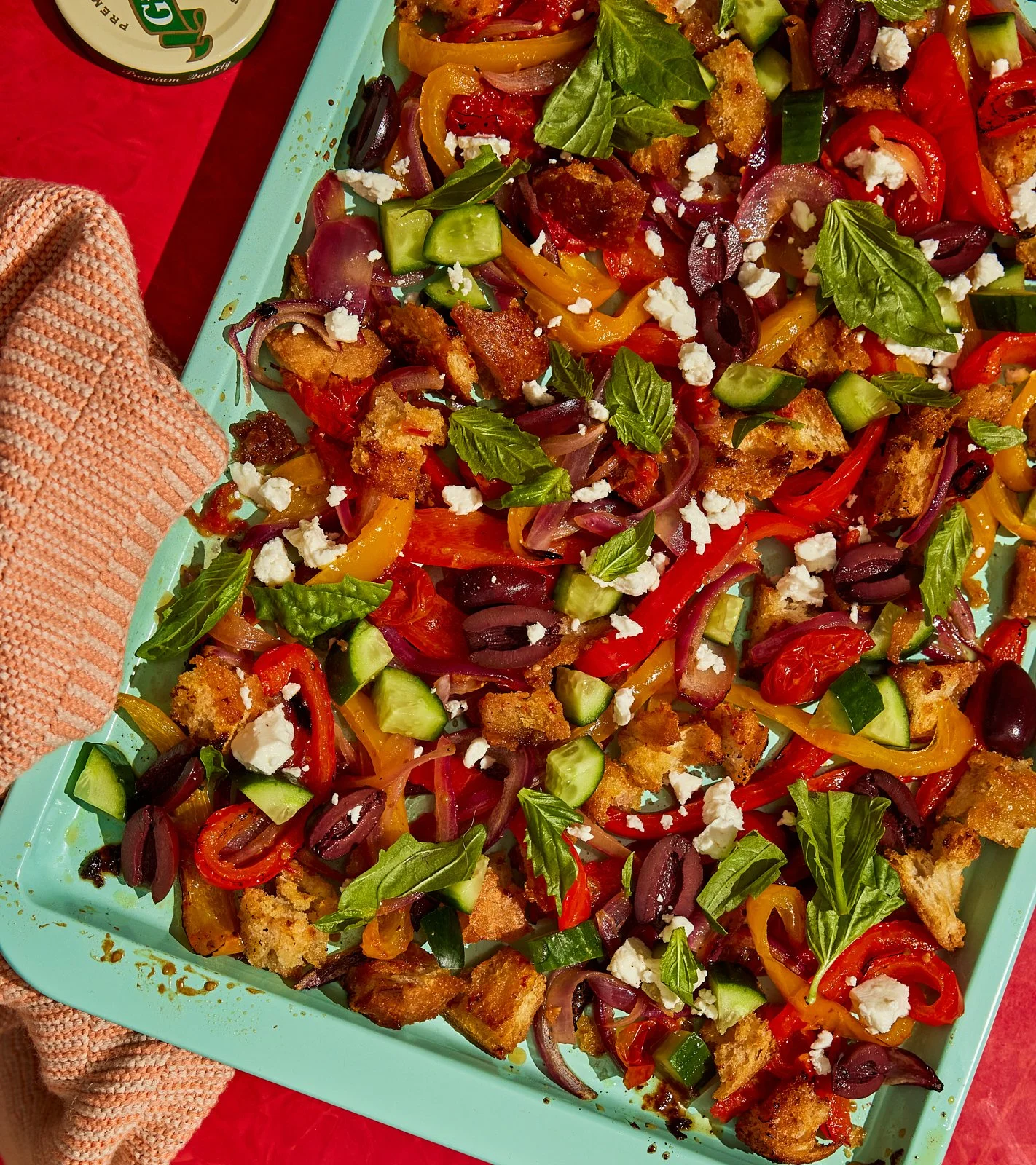 Sheet pan panzanella for Priya's Kitchen Adventures cookbook. Image by Austin-based food photographer, Mackenzie Smith.